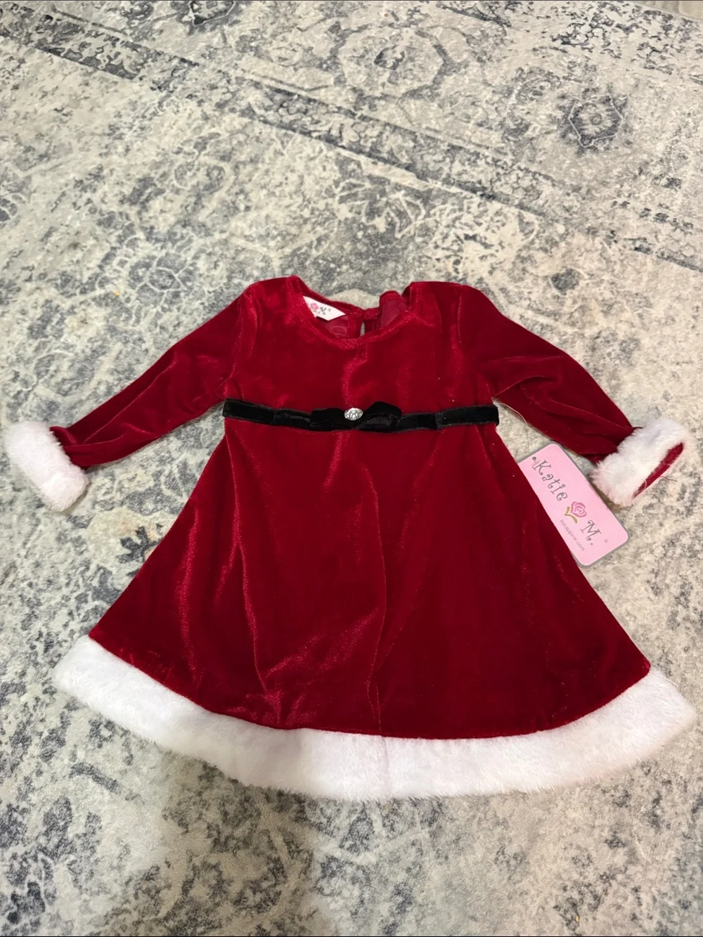 Red Velvet Holiday Dress with White Faux Fur Trim by